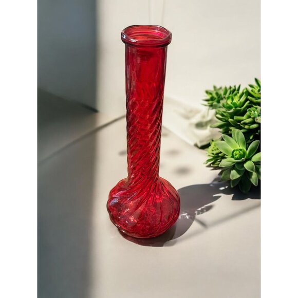 Vintage Ruby Red Glass Bud Vase With Swirl Design - Picture 2 of 6